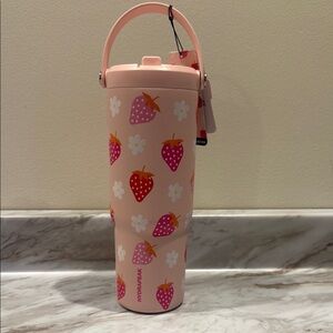 Pink Strawberry Pattern Tumbler with Handle